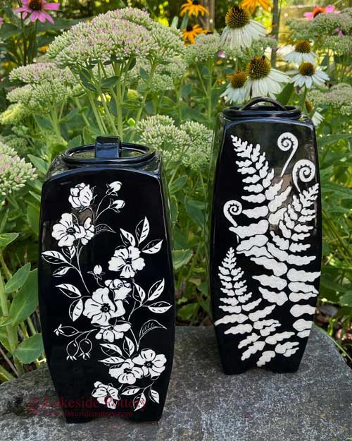 glazed sgraffito mugs - black and white