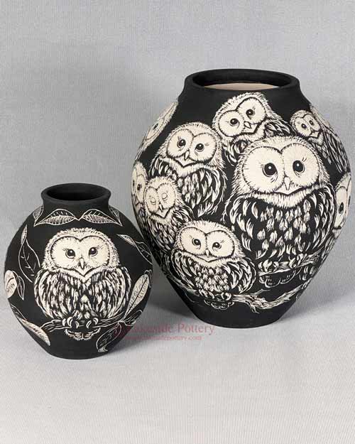 Sgraffito owl vases