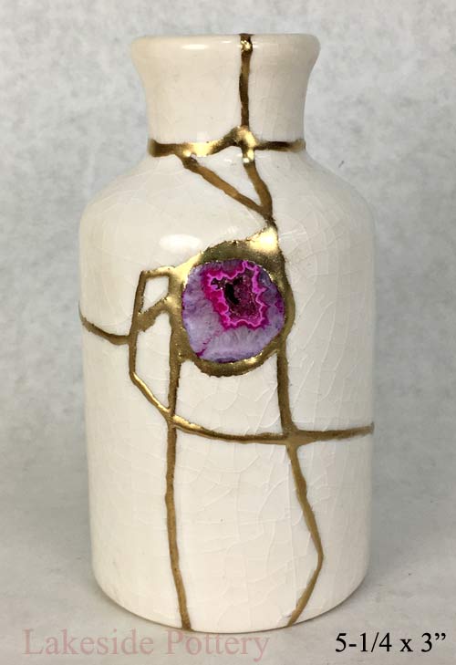 Crackle white Kintsugi vase with geode agate gemstone