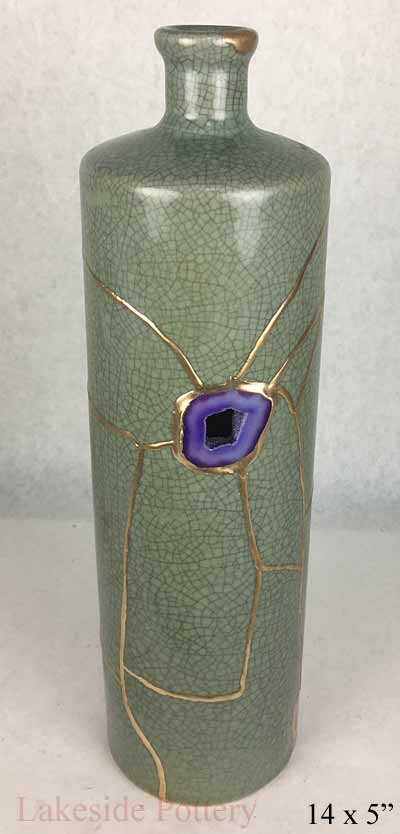 Crackle celadone Kintsugi vase with geode agate gemstone