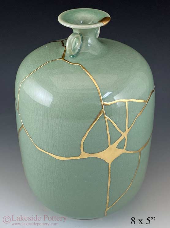 celadon Japanese Kintsugi bud vase