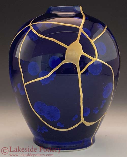 Cobalt blue crystalline Kintsugi vase