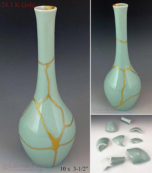 Gold Kintsugi Japanese celadon bud vase