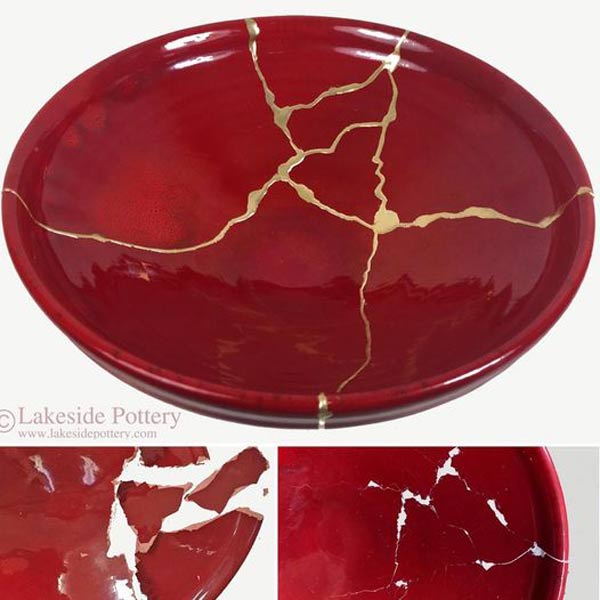 China red Kintsugi plate repair