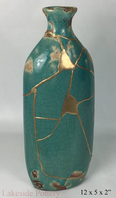 Crackled turquoise Kintsugi vase