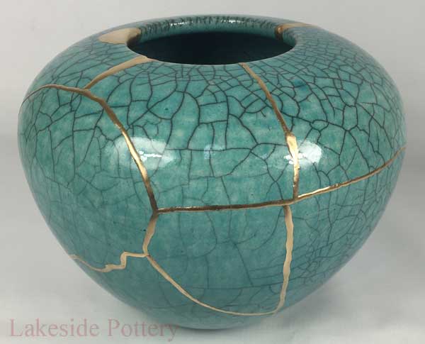 Turquoise Raku Kintsugi vase with crackle glaze