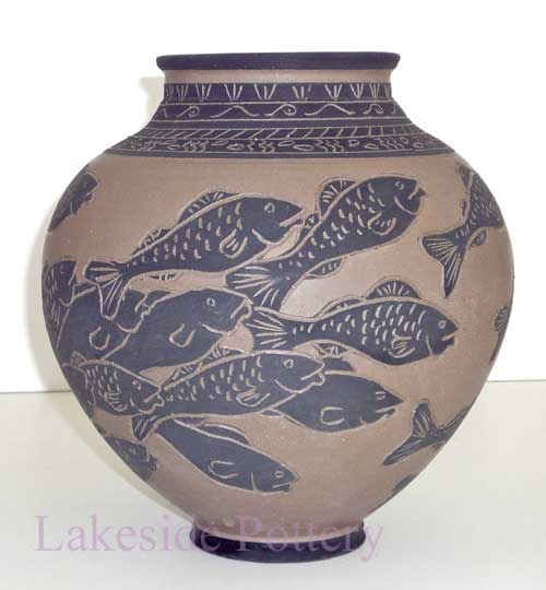 large sgraffito fish vase