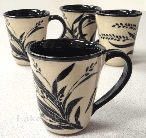 glazed sgraffito mugs - black and white
