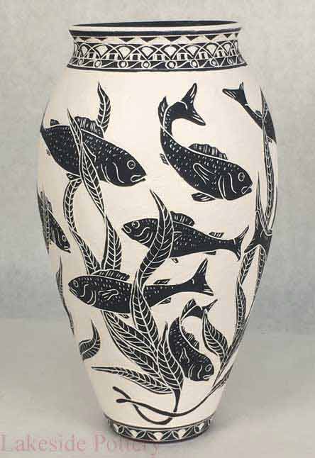 Salmon fish  sgraffito vase