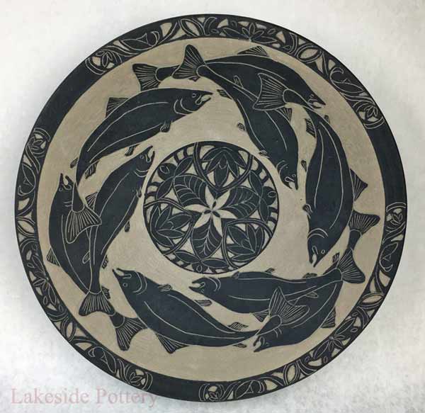 Sgraffito black and white underglazed and fired to cone 6