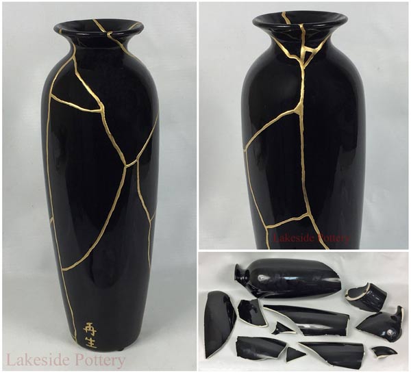 Custom made black Kintsugi vase 24K gold with rebirth Japanese characters 