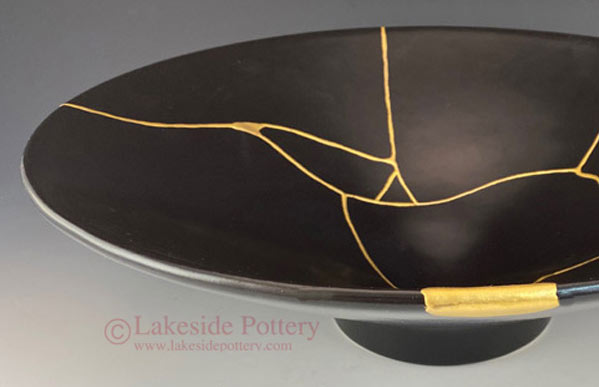 Vortex Japanese Black Porcelain Kintsugi Ikebana Bowl