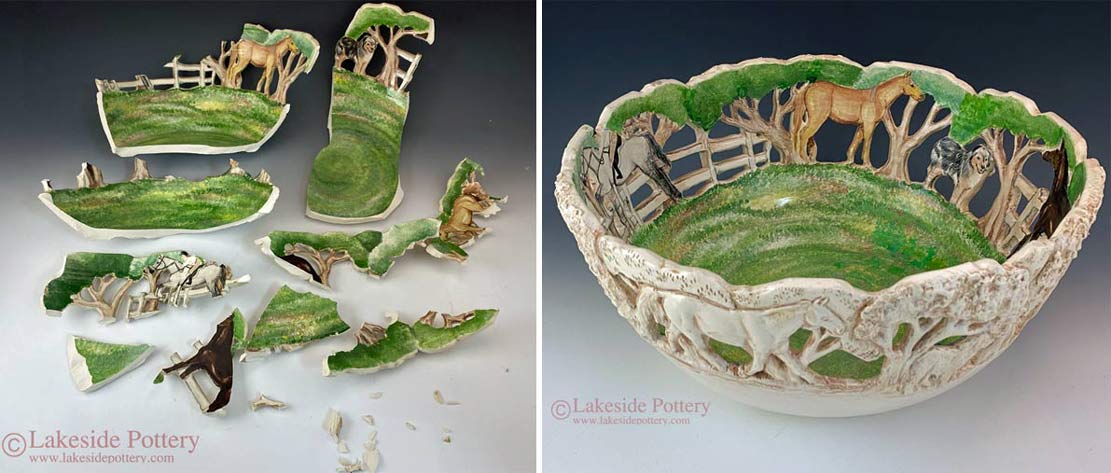 Sculpted ceramic horses bowl