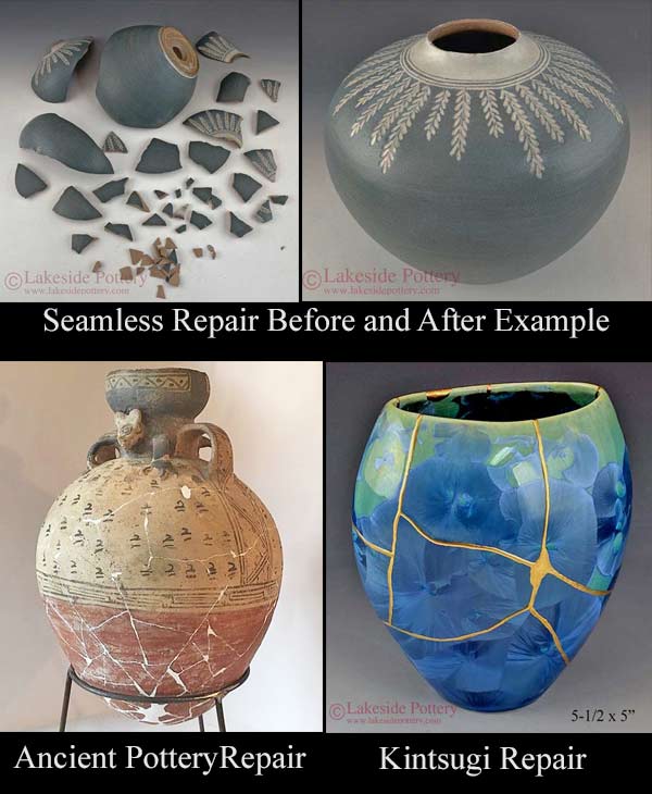 pottery repair types, seamless, museum or Kintsugi gold 