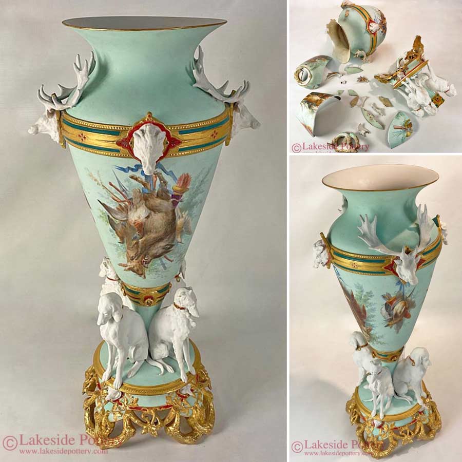 Antique sevres French porcelain trophy restoration example