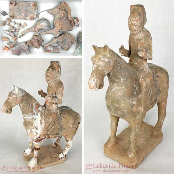 Tang Dynasty Terra Cotta Horse and Rider Chinese Sculpture repair before and after